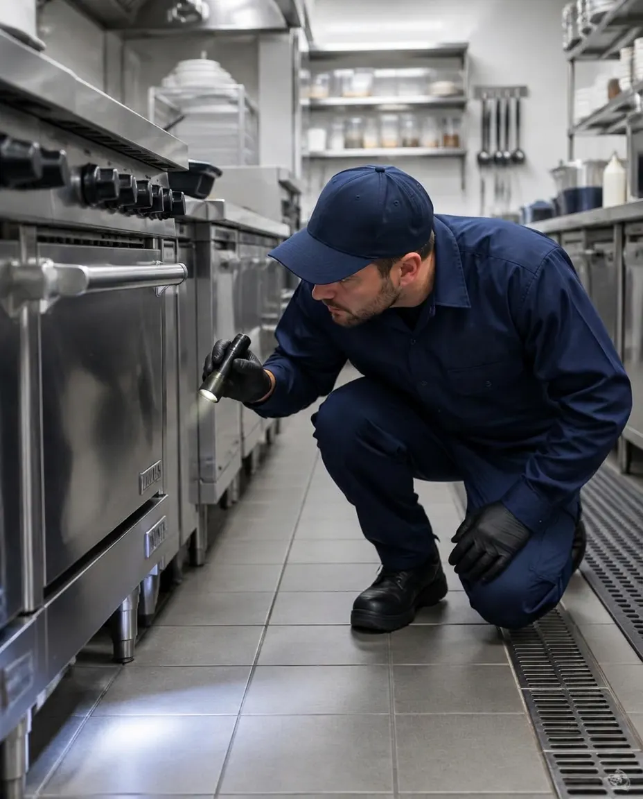 Technicien SOBIMEX inspectant la cuisine d'un restaurant à la recherche de rongeurs